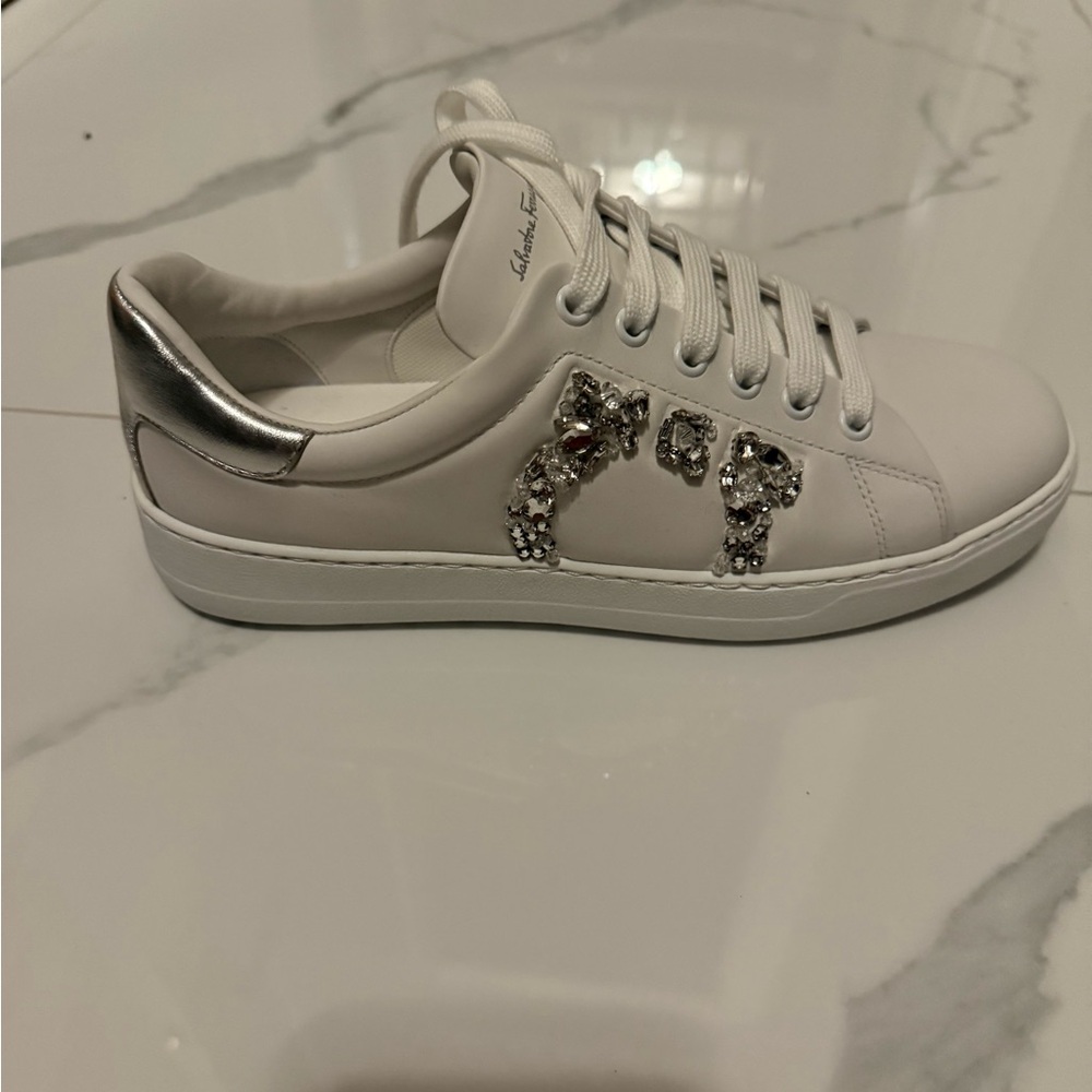 Salvatore Ferragamo white and silver embellishment, brand new, never worn, size
